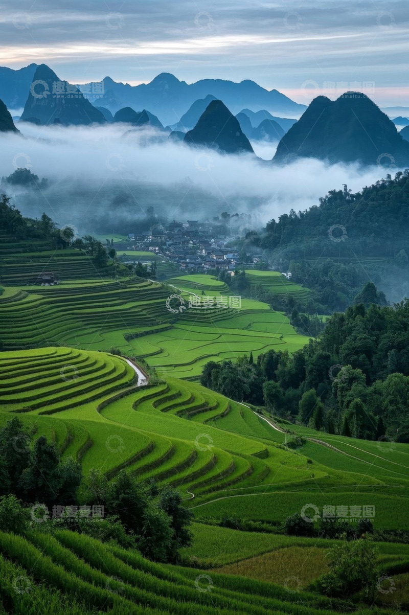 高清大图下载【趣麦麦图】山间云雾缭绕的梯田风光