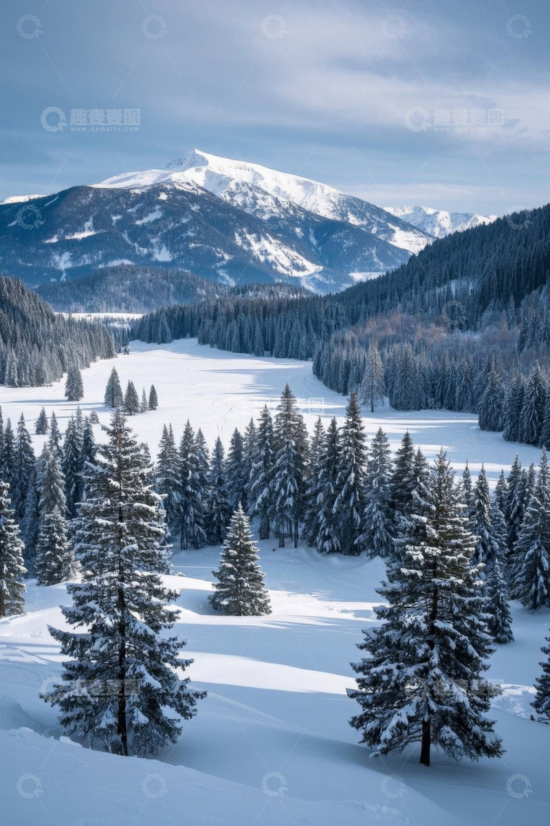 高清大图下载【趣麦麦图】雪山下的雪林风景