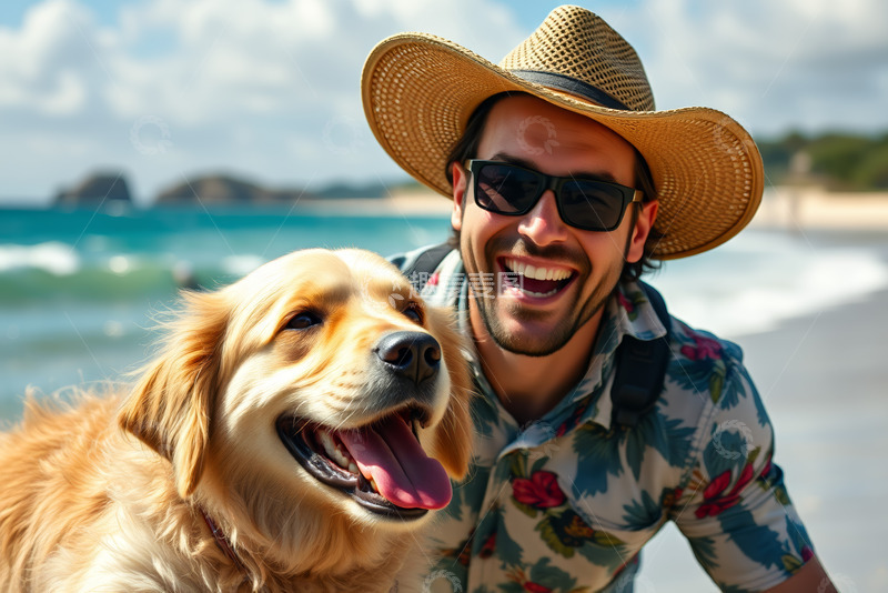 高清大图下载【趣麦麦图】男子与金毛在海滩的欢乐瞬间