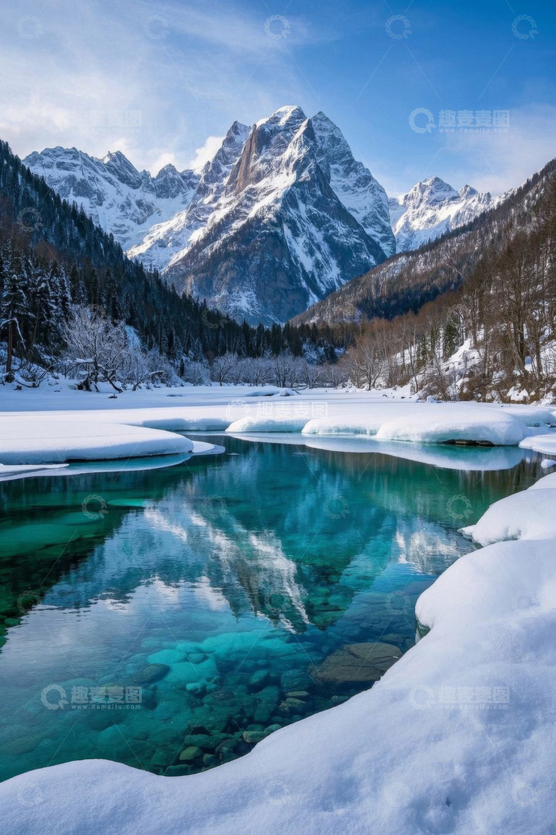 高清大图下载【趣麦麦图】雪山下的清澈湖泊冬季风光