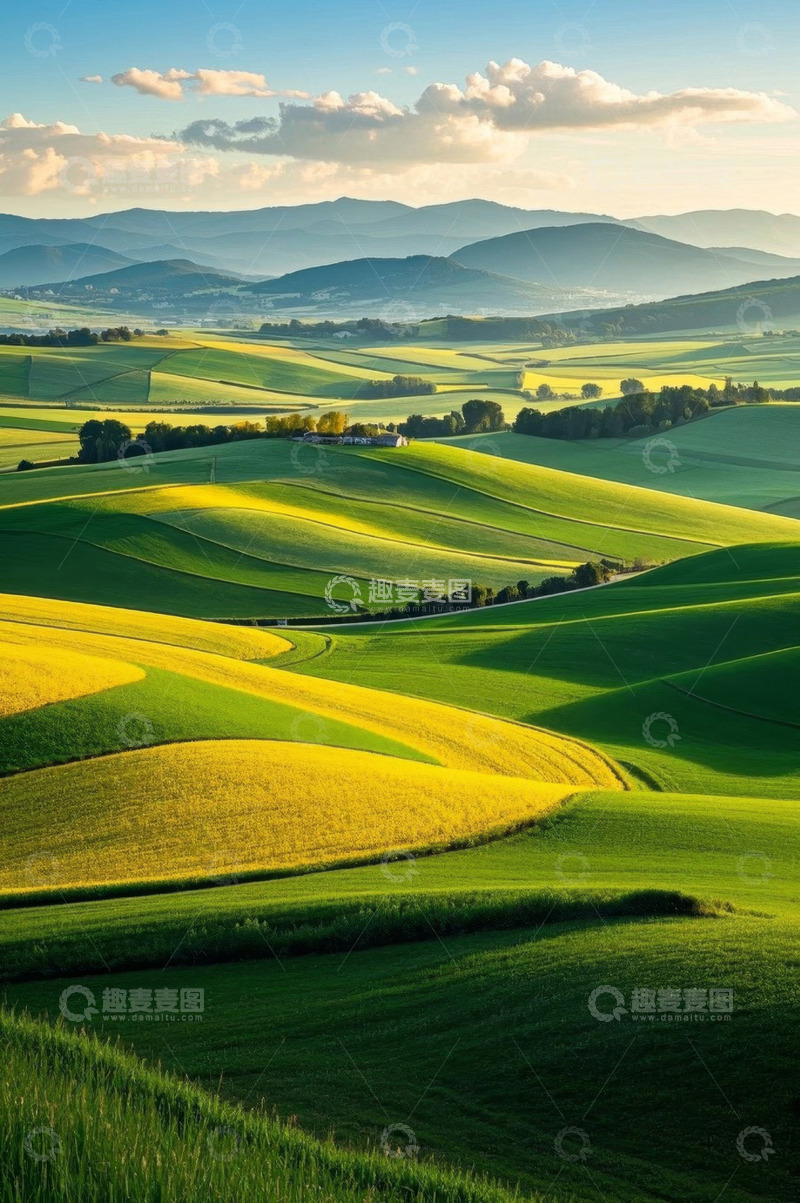 高清大图下载【趣麦麦图】广袤田野与远处山峦风景