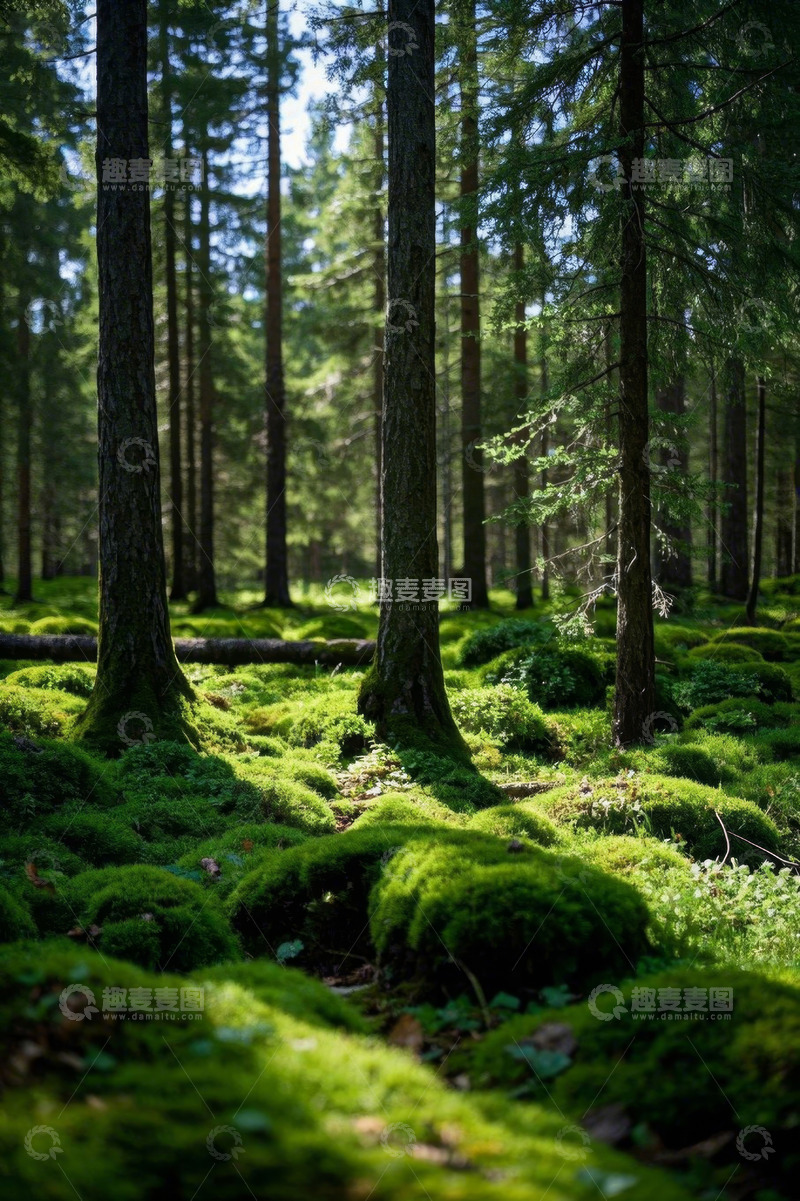 高清大图下载【趣麦麦图】阳光照耀下的森林苔藓景观