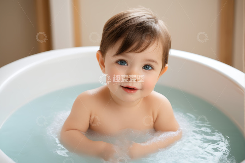 高清大图下载【趣麦麦图】孩子在浴缸中沐浴微笑画面