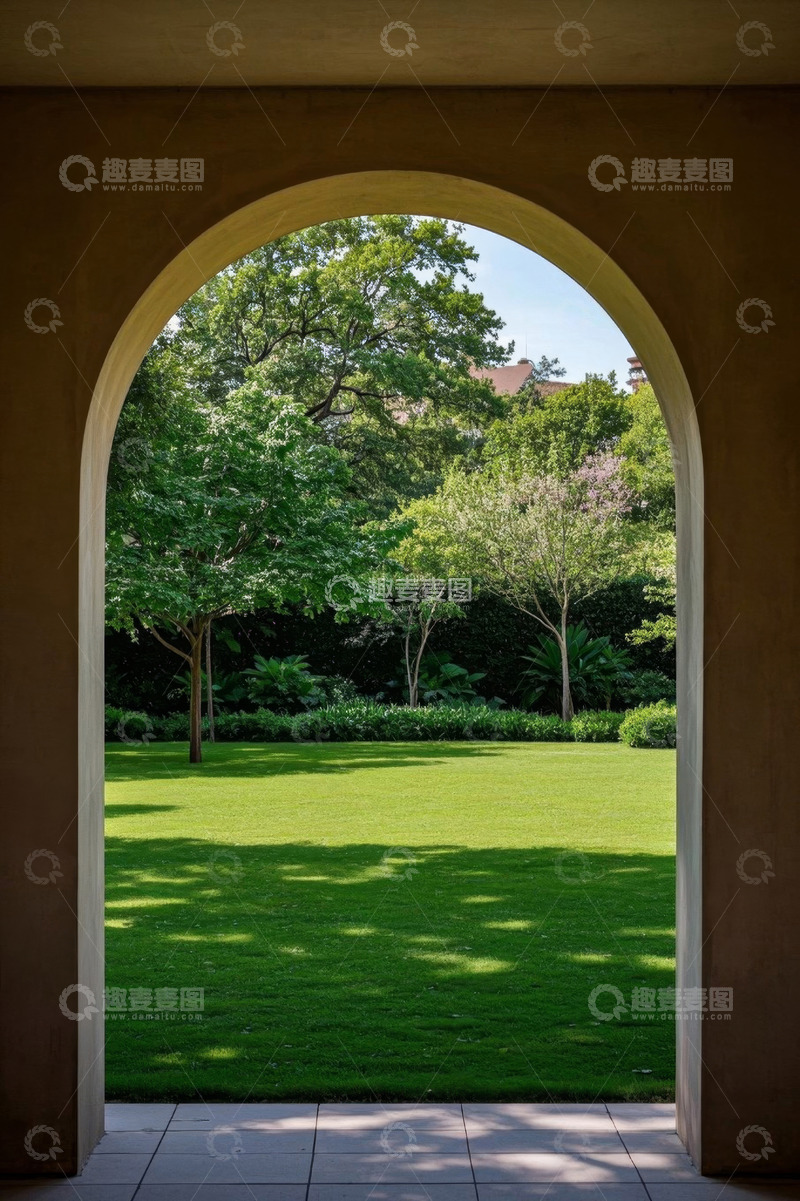 高清大图下载【趣麦麦图】拱形门洞外的花园绿地景观