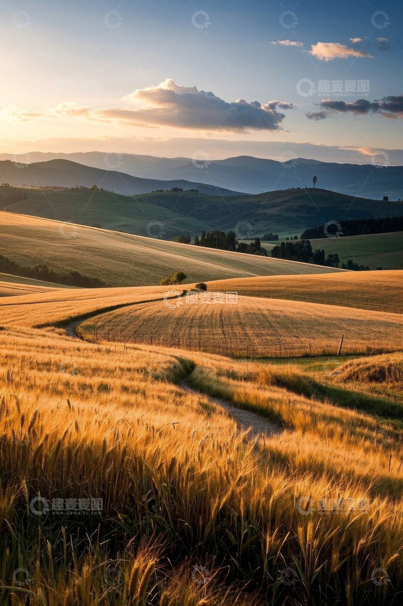 高清大图下载【趣麦麦图】夕阳下的麦田与远山风景
