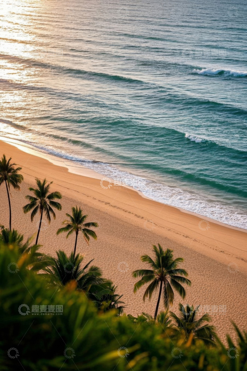 高清大图下载【趣麦麦图】热带海滩与海浪及棕榈树景观
