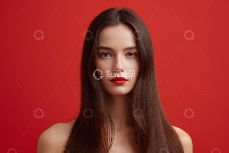 高清大图下载【趣麦麦图】红发女子红色背景肖像