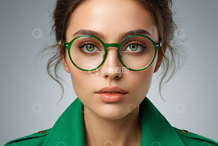 戴绿框眼镜的女性肖像
