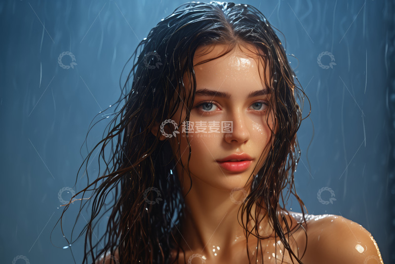 高清大图下载【趣麦麦图】雨中女性面部特写肖像