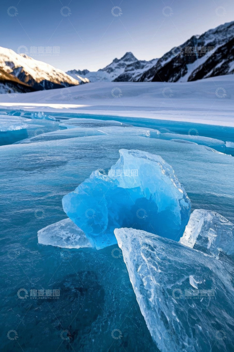 高清大图下载【趣麦麦图】雪山下蓝色冰块自然景观