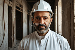 戴安全帽的男性于建筑内
