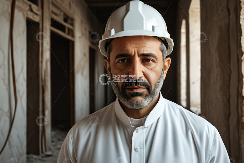 戴安全帽的男性于建筑内