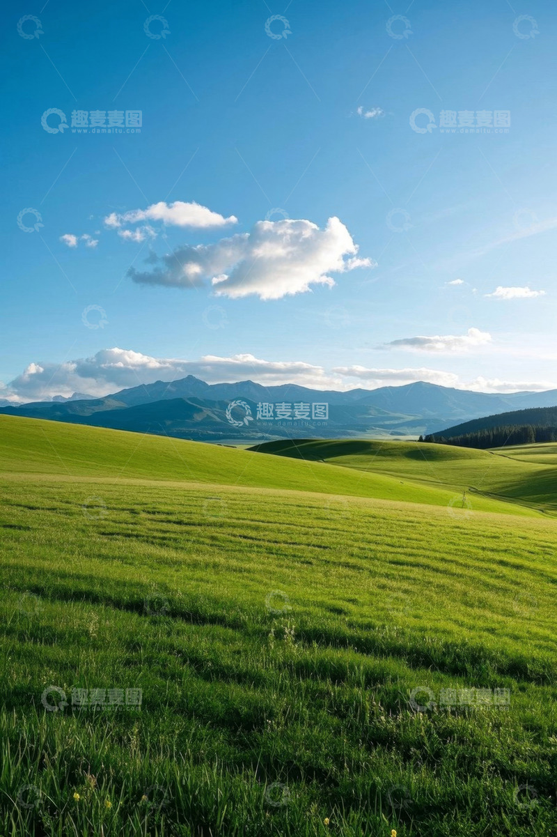 高清大图下载【趣麦麦图】绿色草原与远山蓝天白云风景
