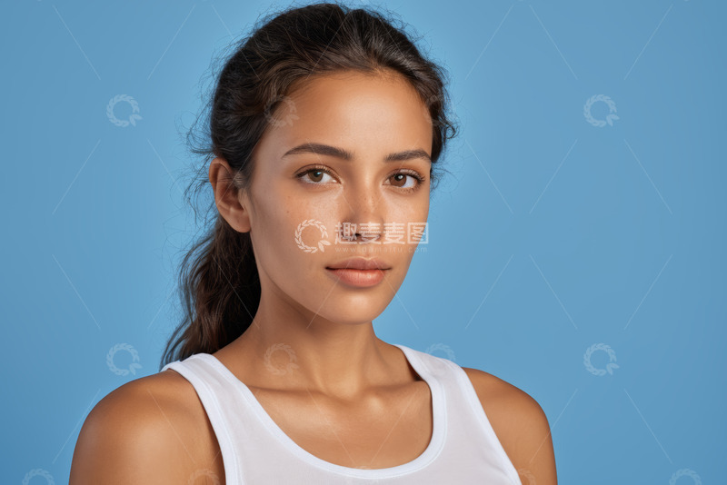 高清大图下载【趣麦麦图】蓝背景女子半身肖像