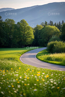 乡间蜿蜒道路旁的自然风景