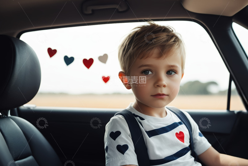 高清大图下载【趣麦麦图】小男孩坐在车内看向镜头