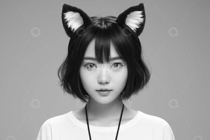 高清大图下载【趣麦麦图】戴猫耳发箍的女孩肖像