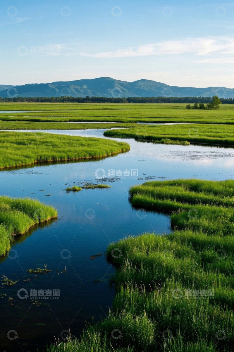 高清大图下载【趣麦麦图】草原河流与远山自然景观