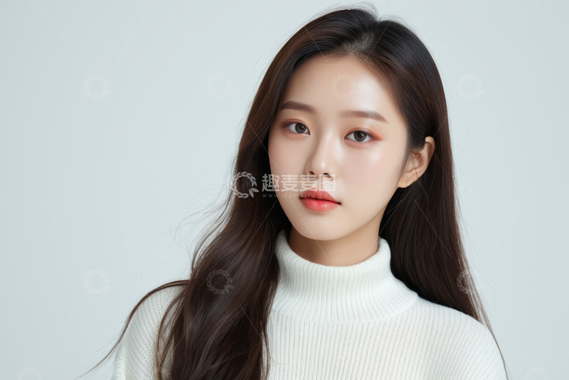高清大图下载【趣麦麦图】长发女子白色高领毛衣肖像