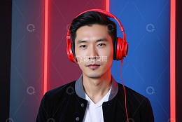 戴红色耳机的年轻男性肖像