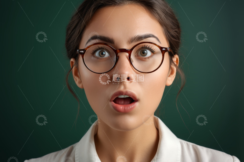 高清大图下载【趣麦麦图】戴眼镜年轻女性惊讶表情特写
