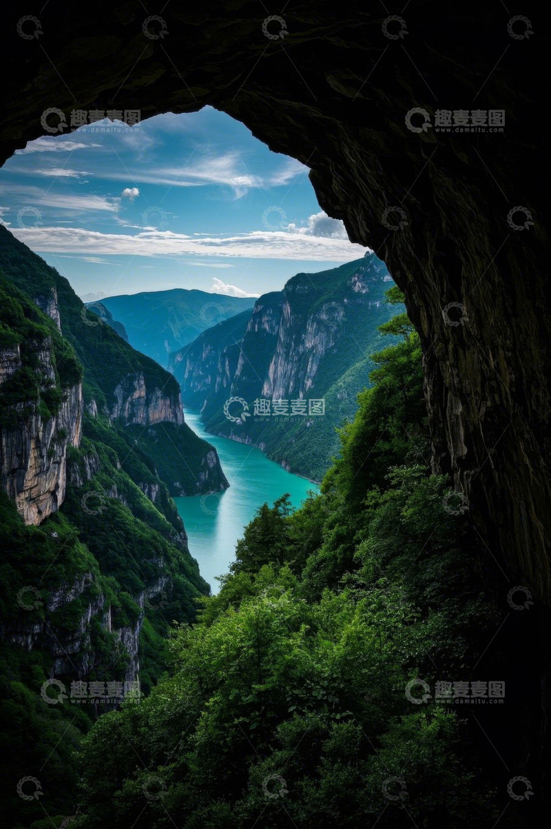 高清大图下载【趣麦麦图】洞穴视角下的峡谷与河流景观