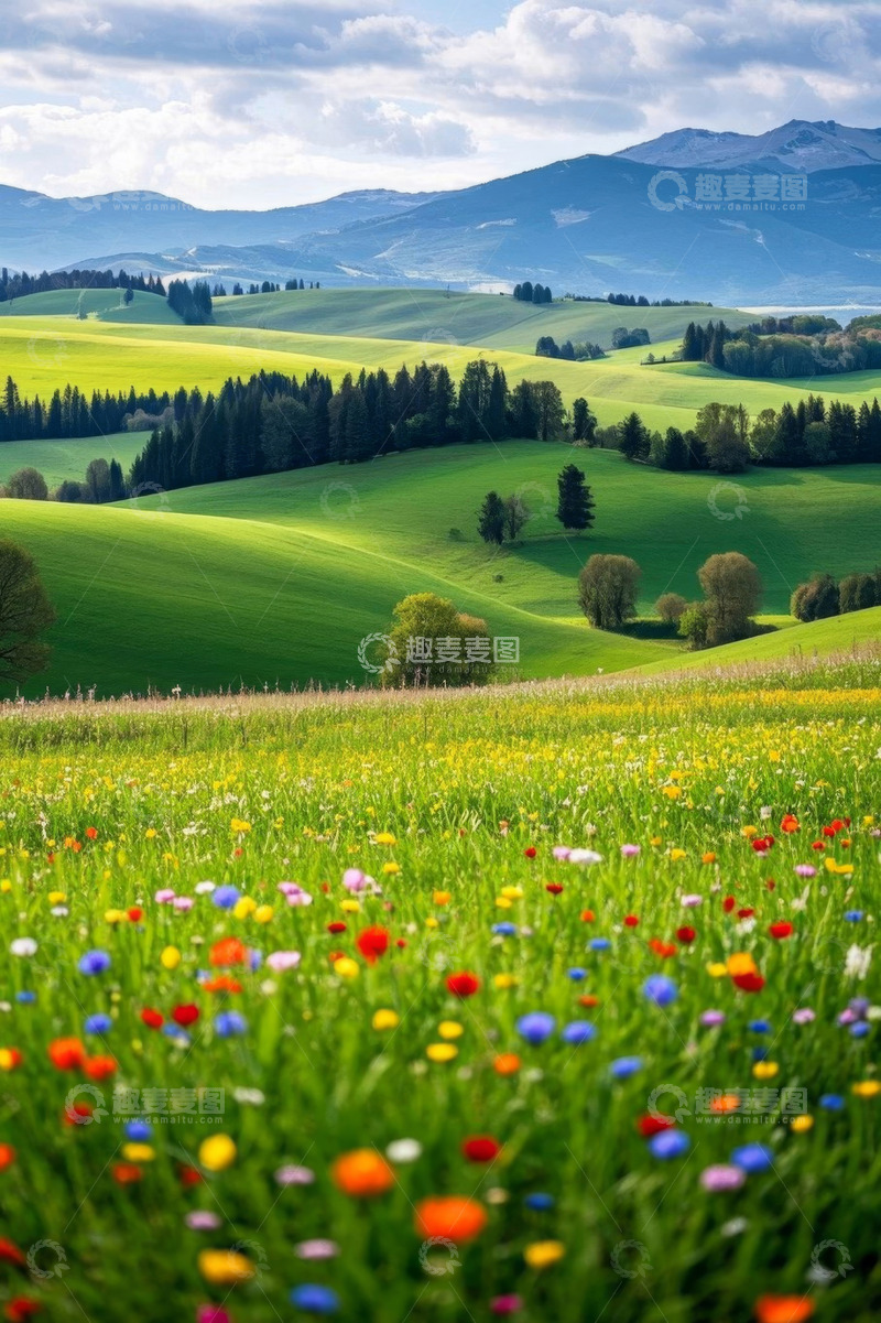 高清大图下载【趣麦麦图】原野花海与远山风景