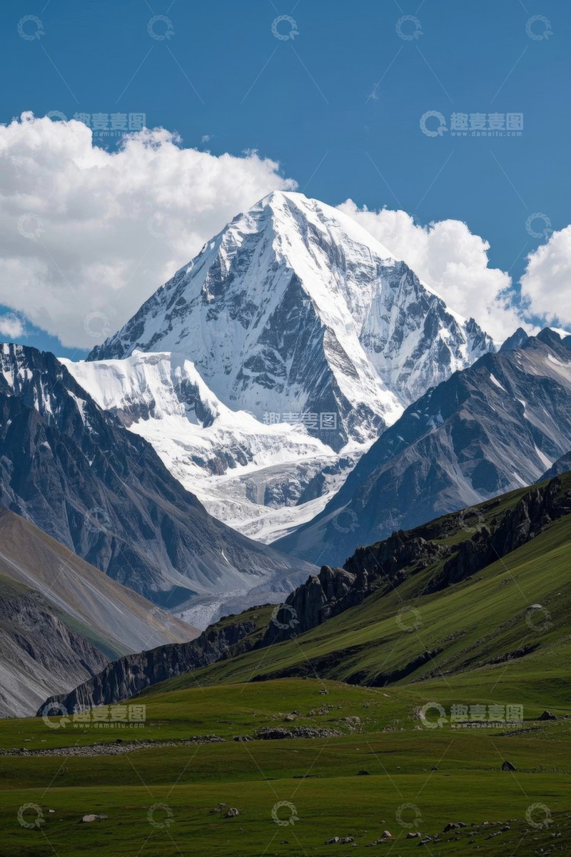 高清大图下载【趣麦麦图】巍峨雪山下的翠绿草地景观