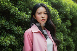 户外粉色外套女子肖像