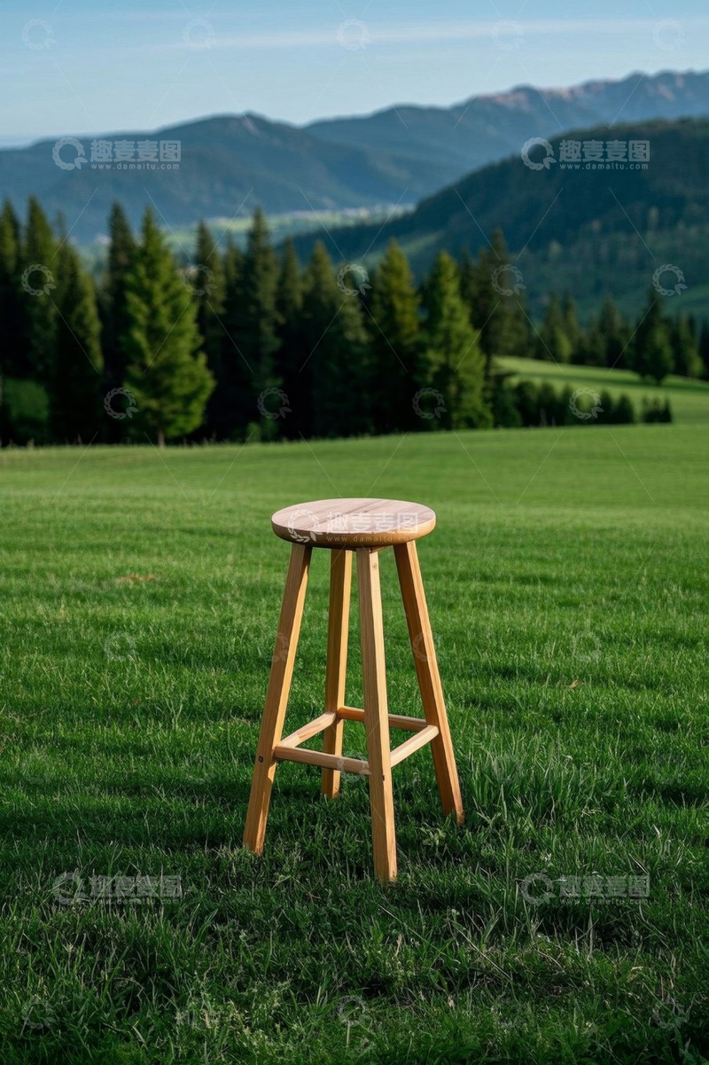 高清大图下载【趣麦麦图】草地上的木质高脚凳