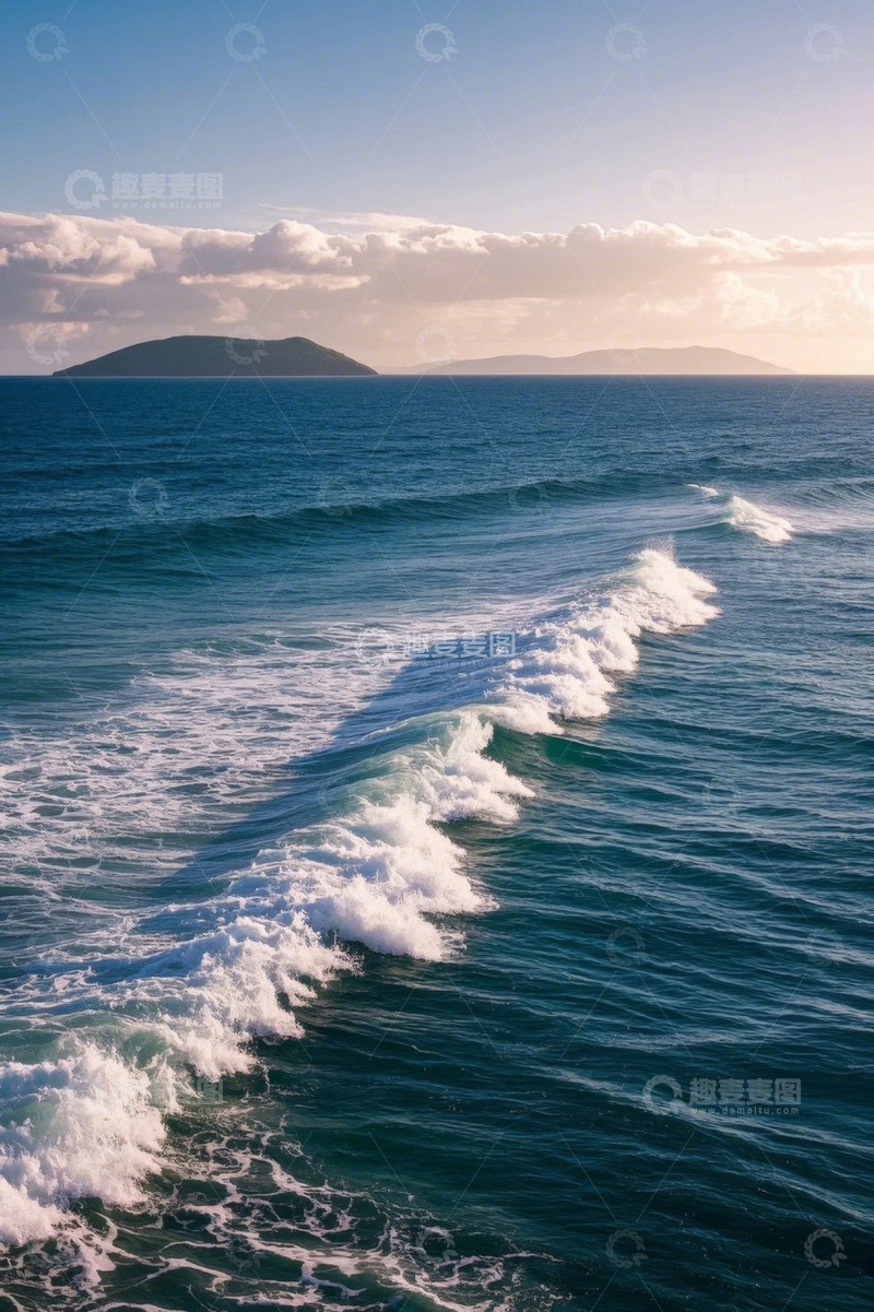 高清大图下载【趣麦麦图】海上波浪与远处岛屿景象