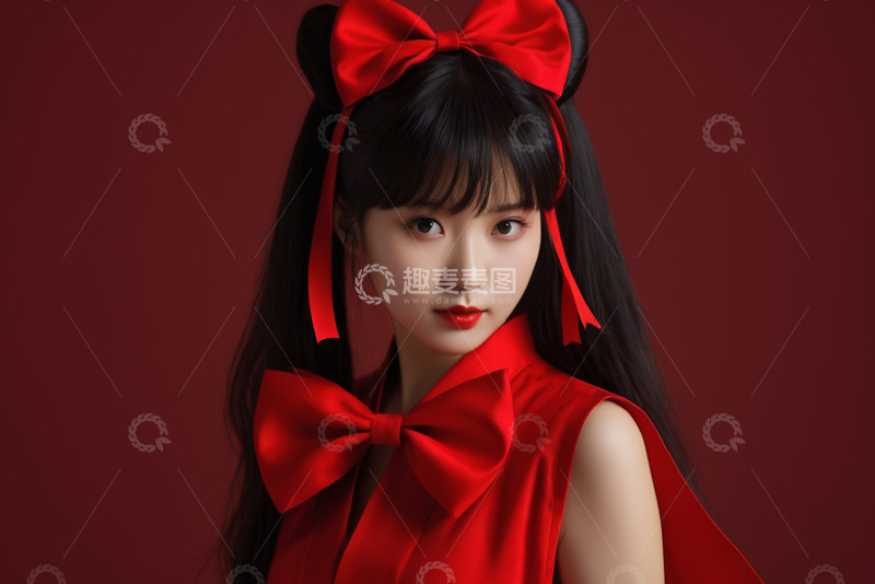 高清大图下载【趣麦麦图】红发饰红裙少女肖像