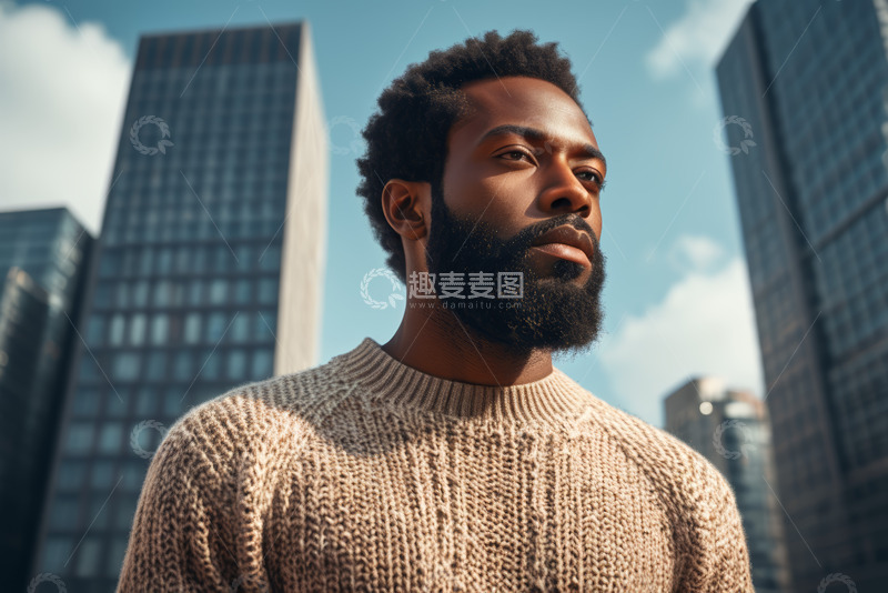 高清大图下载【趣麦麦图】城市中身着毛衣的黑人男子