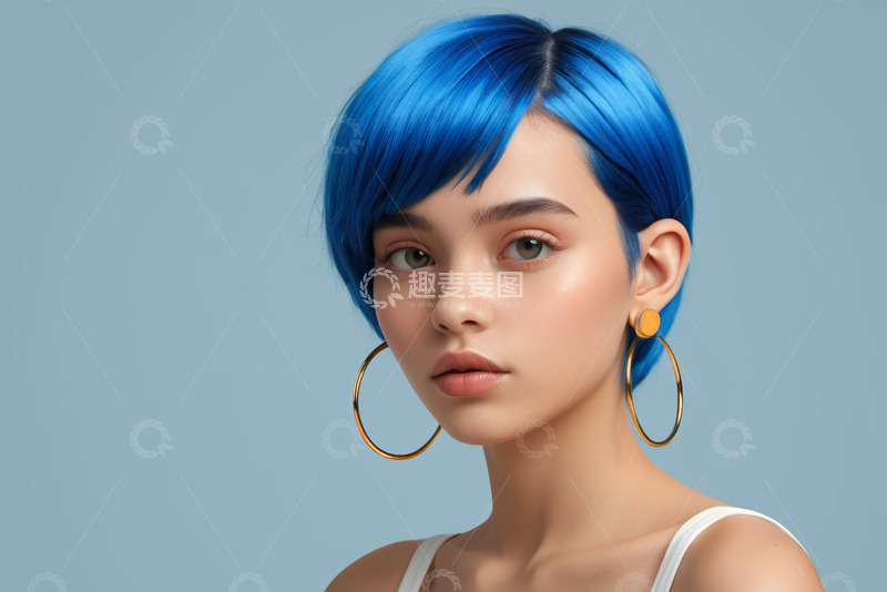 高清大图下载【趣麦麦图】蓝发时尚女性肖像特写
