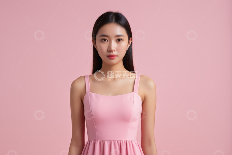 高清大图下载【趣麦麦图】亚洲青年女性粉色背景肖像