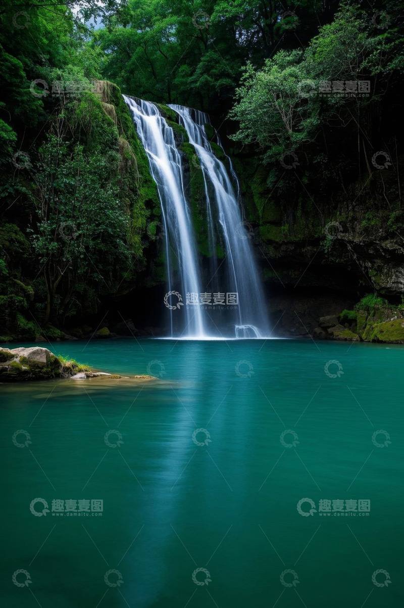 高清大图下载【趣麦麦图】森林中的瀑布与碧绿潭水