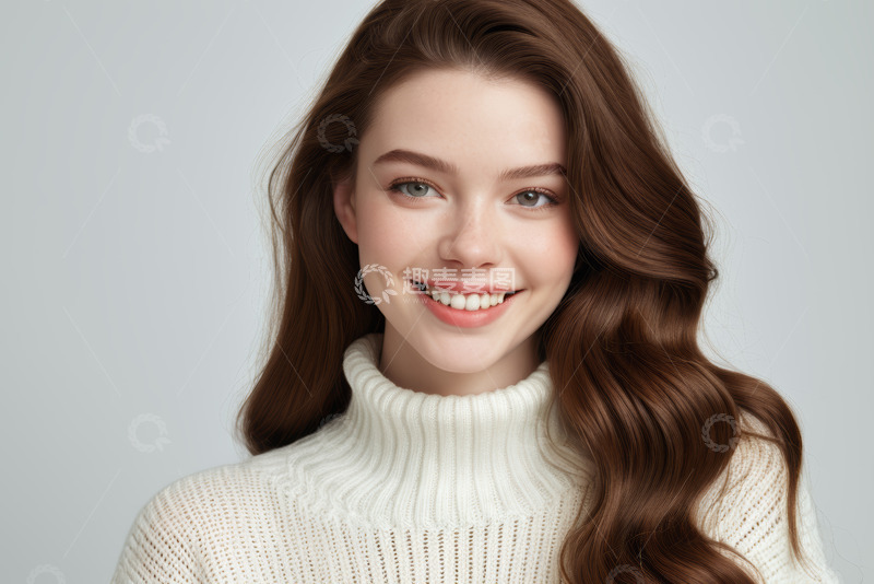 高清大图下载【趣麦麦图】微笑女人高领毛衣肖像