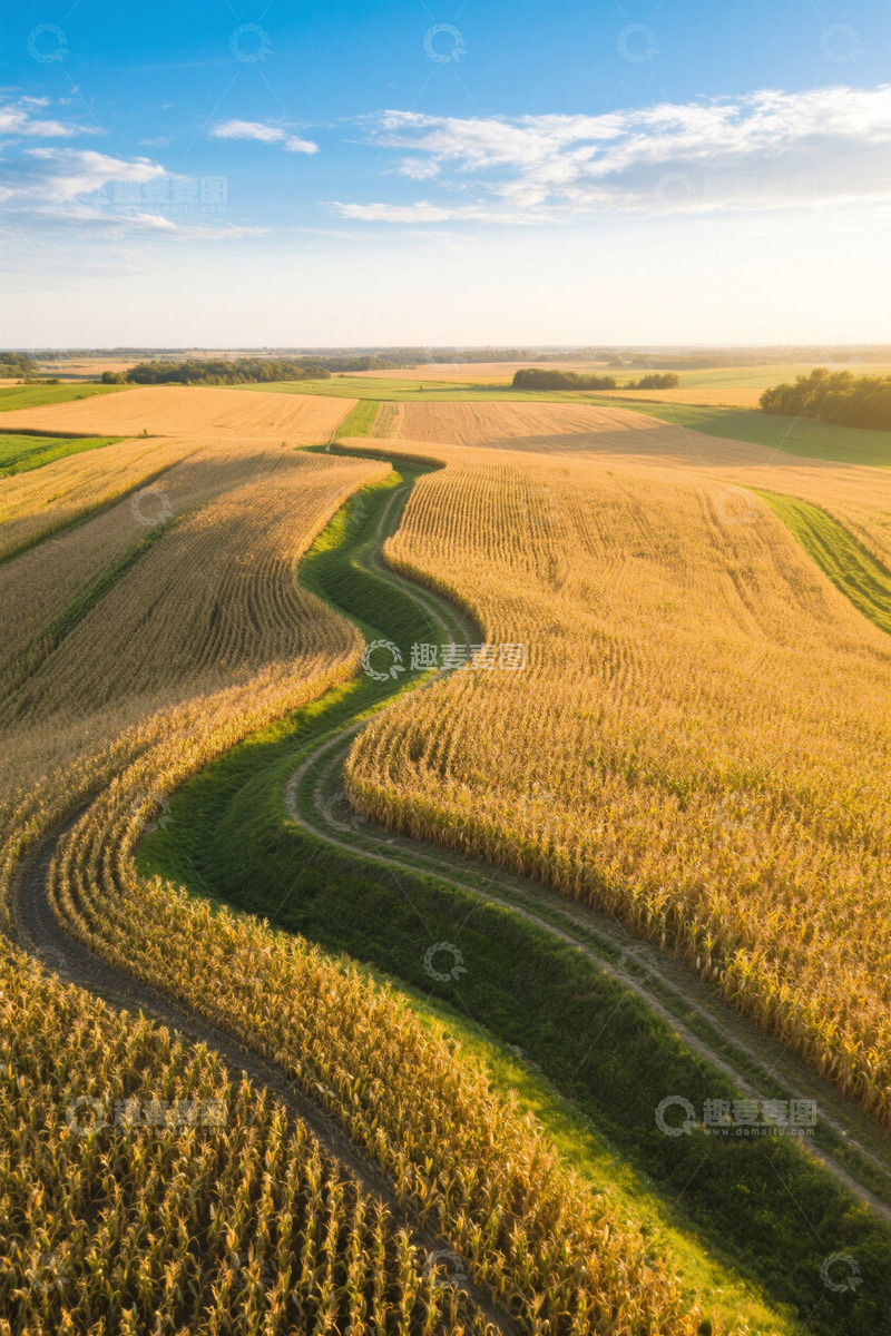 高清大图下载【趣麦麦图】航拍金色农田与蜿蜒小路