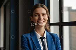 穿蓝色西装微笑的商务女性