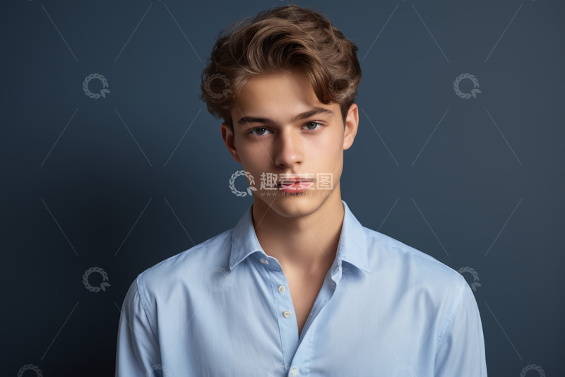 高清大图下载【趣麦麦图】穿蓝衬衫的年轻男子肖像