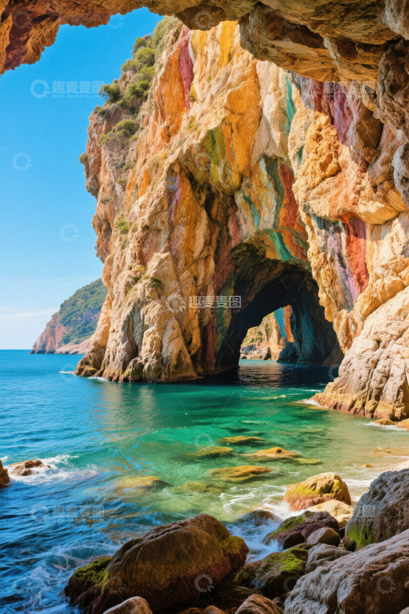 高清大图下载【趣麦麦图】海边彩色岩壁与海蚀洞景观