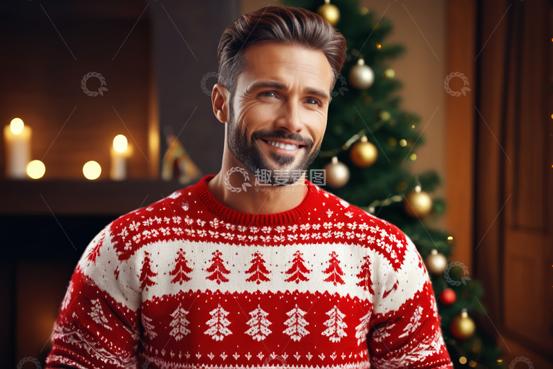 高清大图下载【趣麦麦图】身着圣诞毛衣的男子微笑
