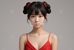 扎双丸子头穿红吊带的少女