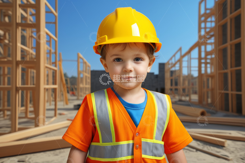 高清大图下载【趣麦麦图】戴安全帽穿工装的小男孩