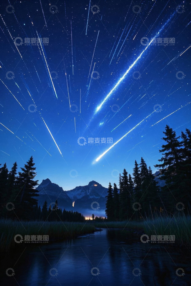 高清大图下载【趣麦麦图】山林间夜空流星景观