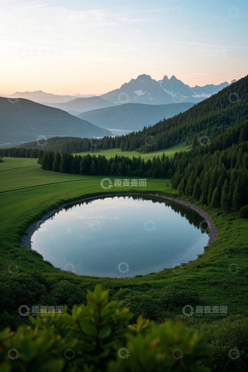 高清大图下载【趣麦麦图】山间森林环绕的圆形湖泊风景