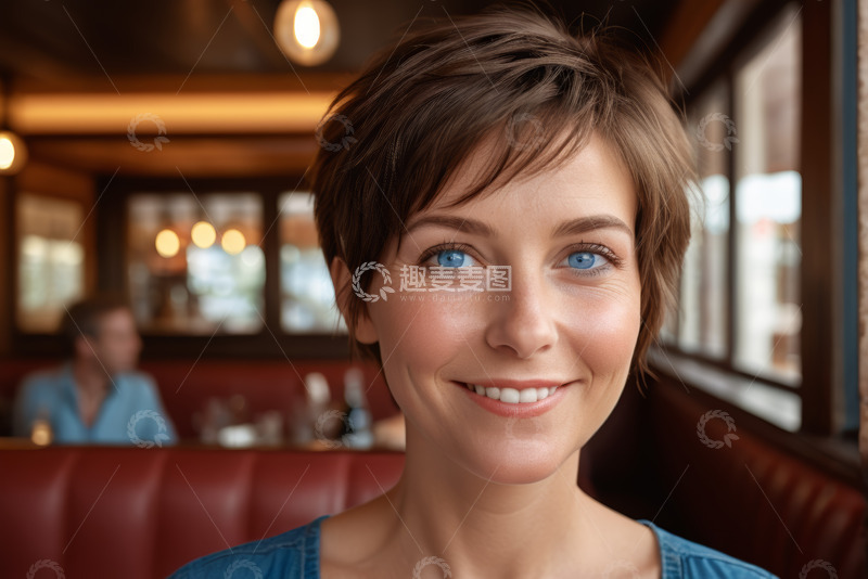 高清大图下载【趣麦麦图】餐厅内微笑的年轻女性肖像