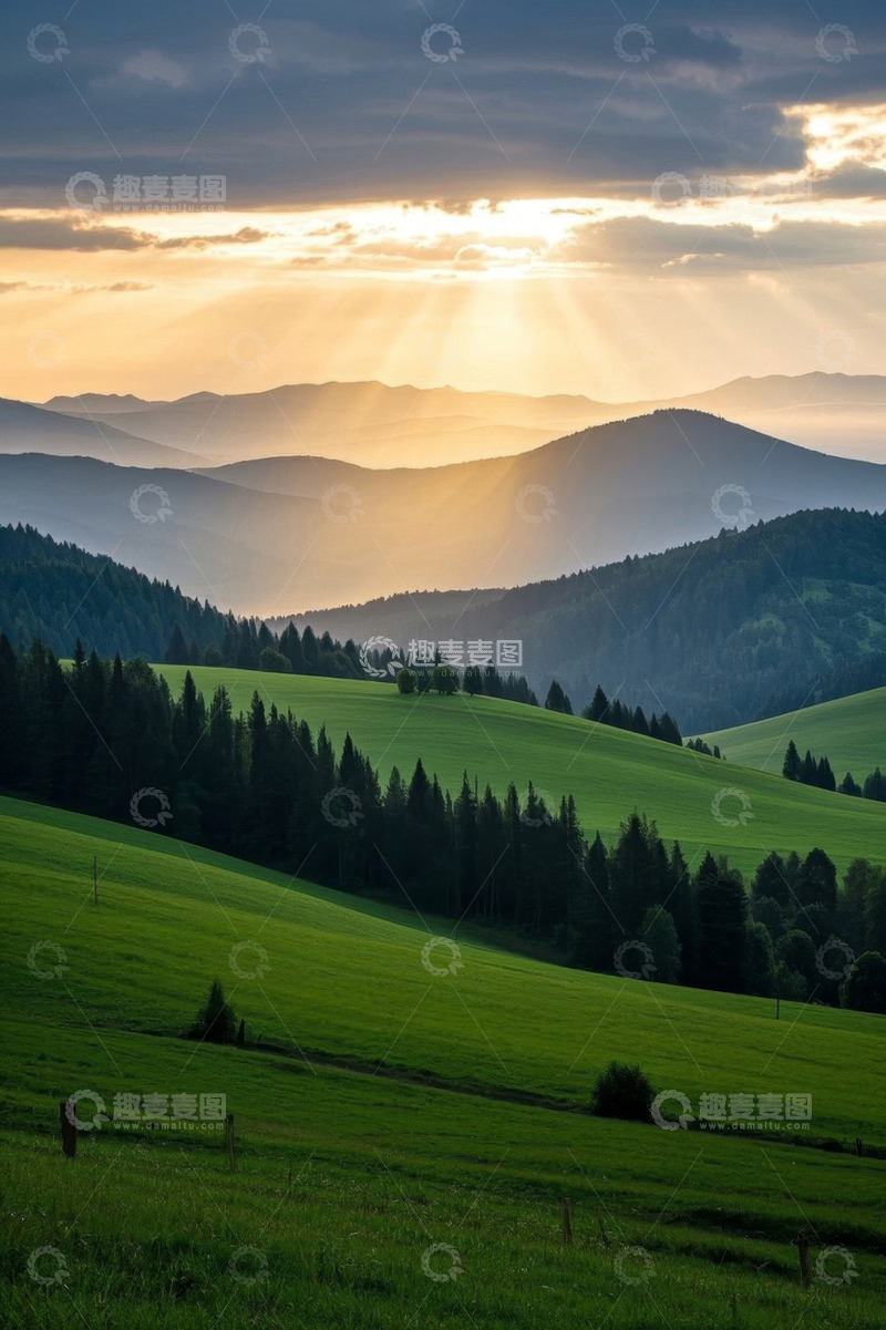 高清大图下载【趣麦麦图】山间草原日落自然风光