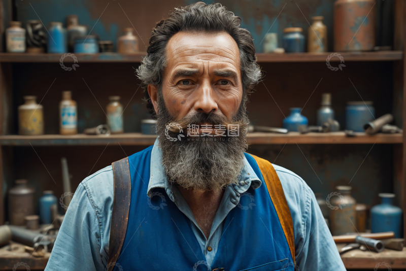 高清大图下载【趣麦麦图】留胡须的中年男性工装肖像