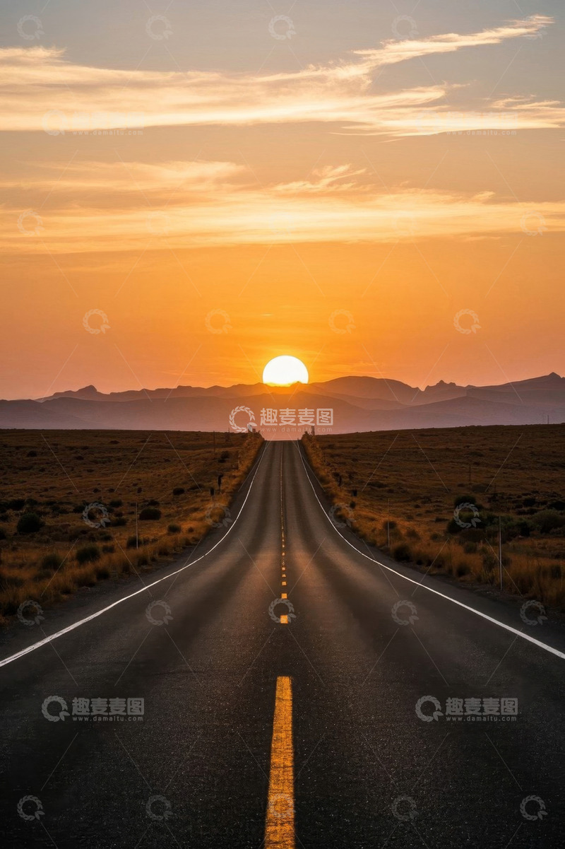 高清大图下载【趣麦麦图】公路尽头的日落景观